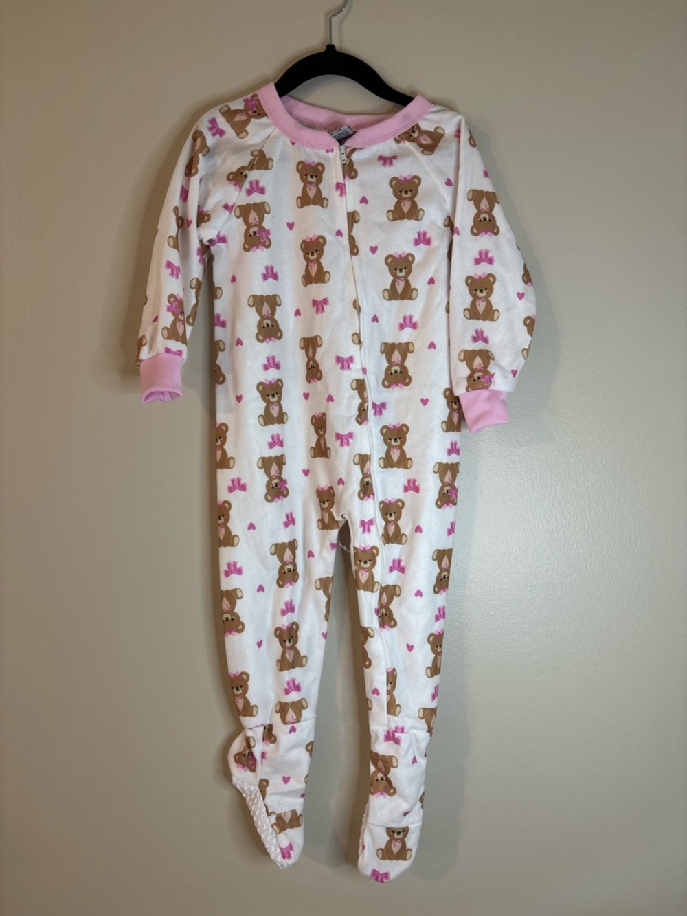 Girls' White Footed One-Piece Pajamas with Pink Trim and Bear Print
